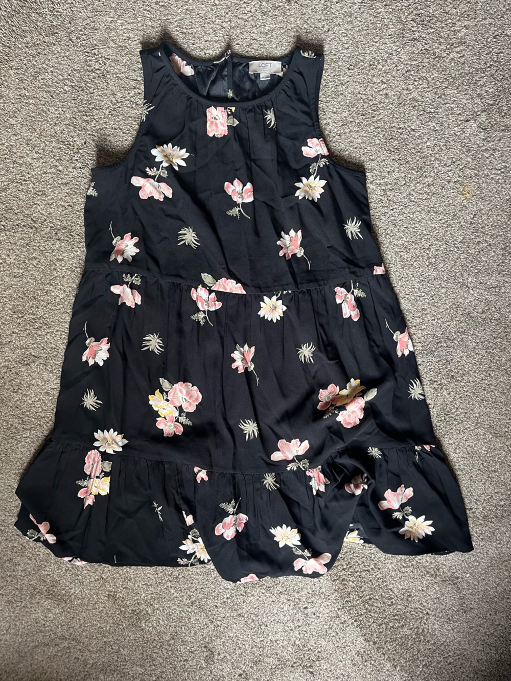 LOFT Black Mini Dress with Pink & White Floral Print
